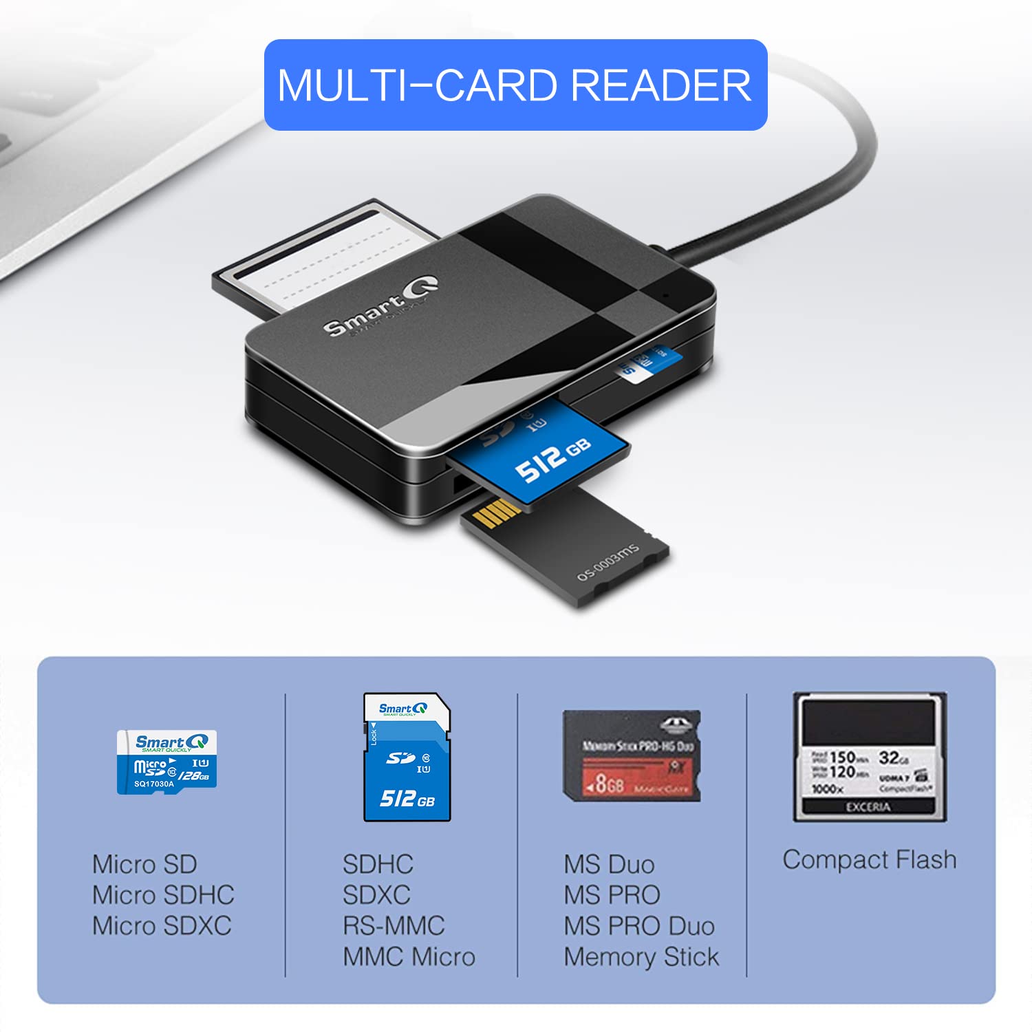 Smartq C368 Card Reader   Usb 3.0, Plug & Play For Apple And Windows. Supports Sd, Cf, Mmc Cards.